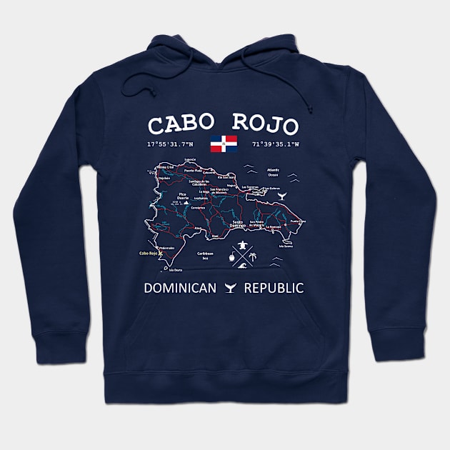 Cabo Rojo Dominican Republic Flag Travel Map Coordinates Roads Rivers and Oceans Hoodie by French Salsa